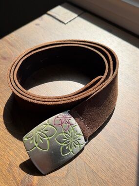 Brown Leather Chlorophylle Belt with Floral Embossed Metal Buckle